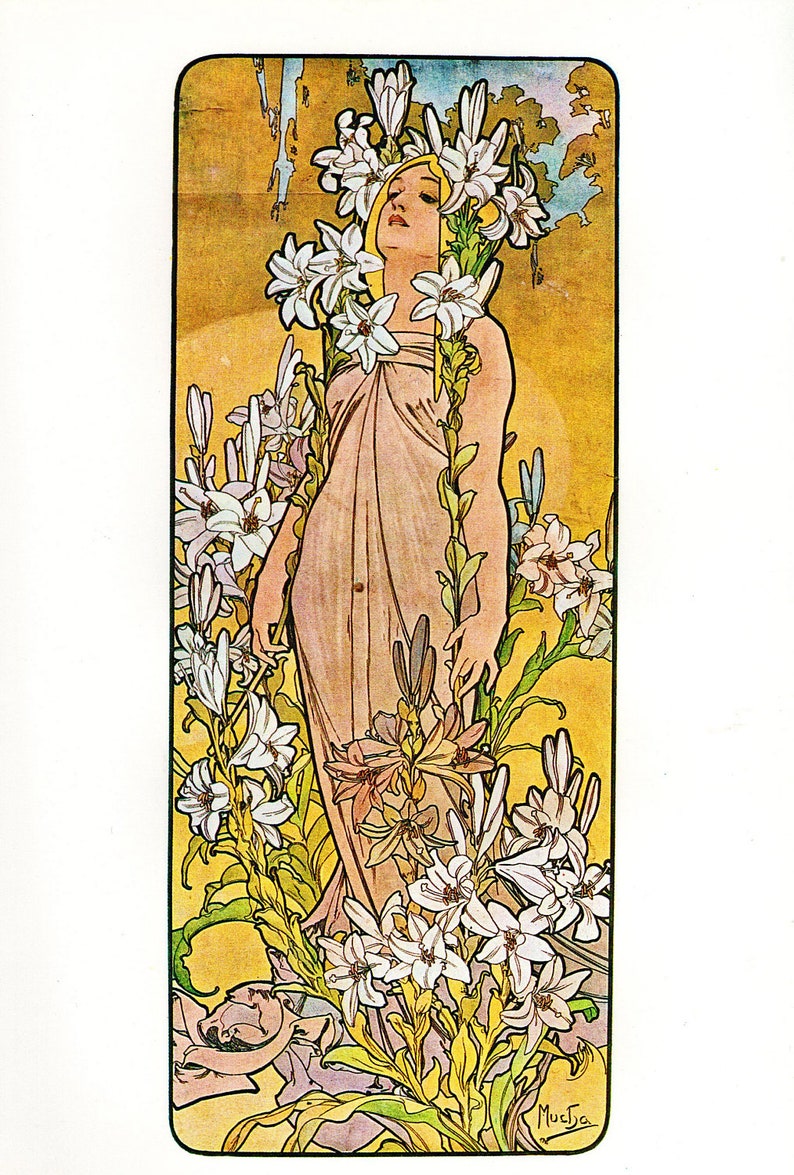 Alphonse MUCHA 1976 Authentic Vintage Art Nouveau PRINT Lys image 1