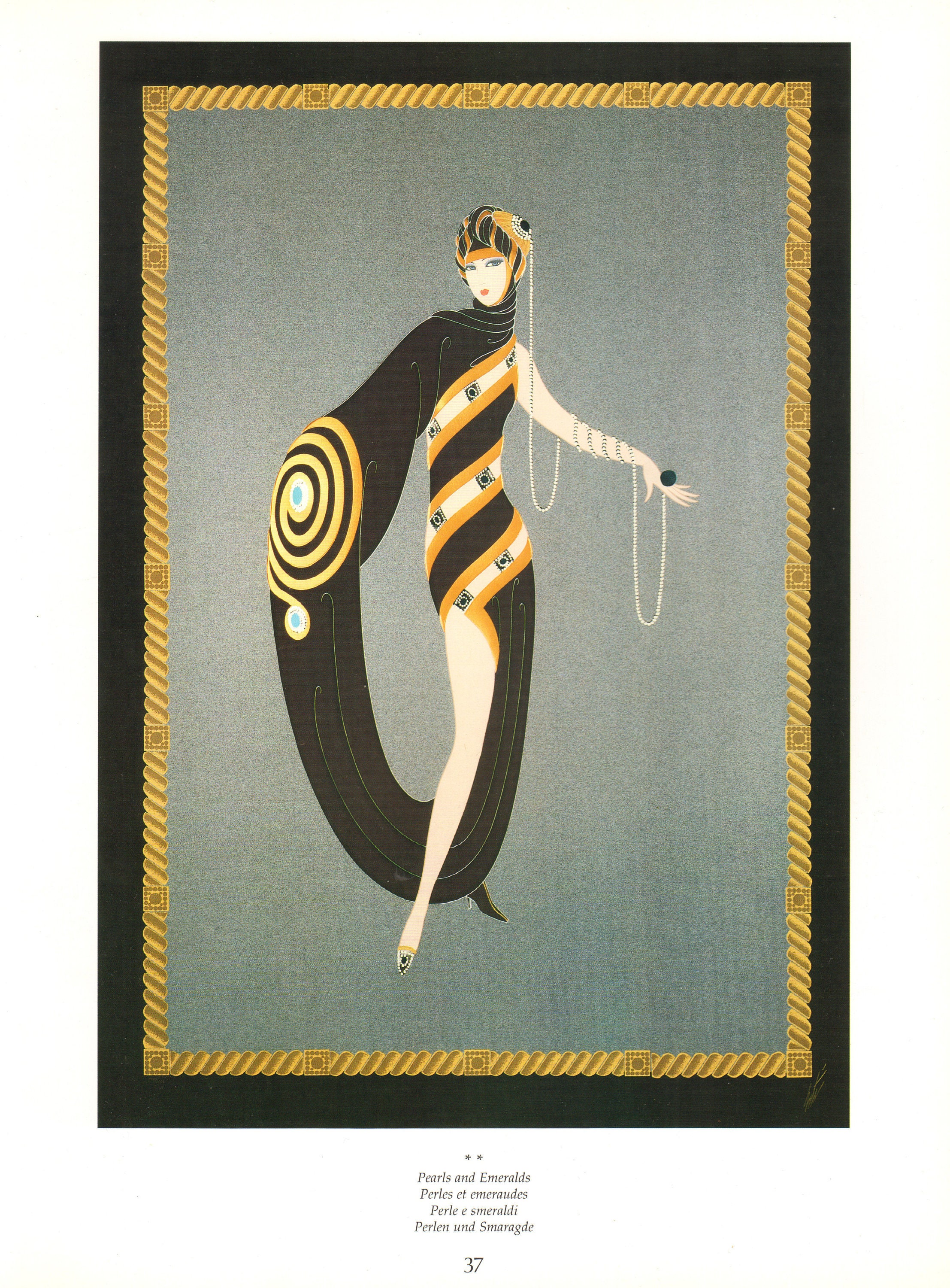 Chic Original Vintage ERTE Art Deco Print Pearls and Emeralds