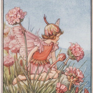 Alphabet Flower Fairies: T für THRIFT Flower FAIRY Vintage Print c1930 by Cicely Mary Barker letter