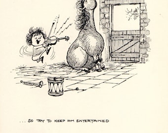 Op de afbeelding: Een zwart-witte cartoonillustratie van een persoon die viool speelt voor een paard. Het paard staat in een stal met een deur erachter. De bijschrift luidt "... probeer hem dus te vermaken".