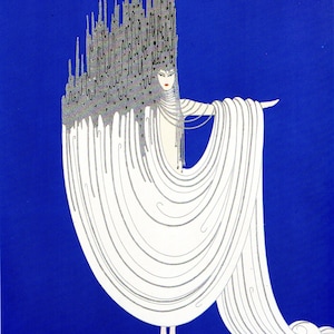 May include: A woman in a white gown with a long train stands on a gold background. Her head is adorned with a black and white crown-like headdress. The background is a solid blue.