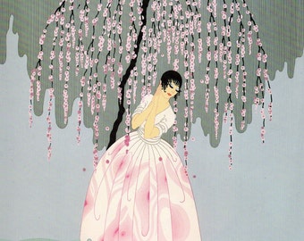 Chic Original Vintage ERTE Art Deco Print "BLOSSOM UMBRELLA" Fashion Book Plate