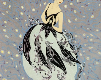 Może przedstawiać: Ilustracja w stylu Art Deco przedstawiająca kobietę w czarno-białej sukni z gorsetem w kształcie serca. Tło przedstawia szaro-niebieski wzór z małymi żółtymi i czerwonymi akcentami, tworząc estetykę vintage.