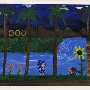 Pintura de cartão comemorativo em acrílico com paisagem de Sonic the Hedgehog