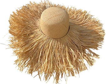 Raffia zonnehoed met lange franje, Boho strandhoed, stekelvarken strohoed, zomerhoed