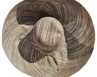 Brown and Natural Stripe Straw Sun Hat, Straw Beach Hat, Women’s hat with flexible brim, Wide Brim Straw Hat