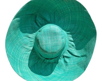 Wide Brim Turquoise Straw Sun Hat, Elegant Summer Hat, Women’s hat with flexible brim, Wide Brim Straw Hat