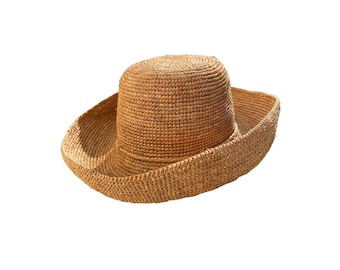 Dark beige Crochet Straw Hat, Sun Hat, French Market Hat with Upturn Brim, Bucket Hat, Raffia Headwear