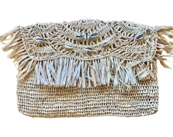 Straw clutch bag, crochet straw  bag, boho bag, raffia bag with shells, summer clutch, crochet bag, rattan bag