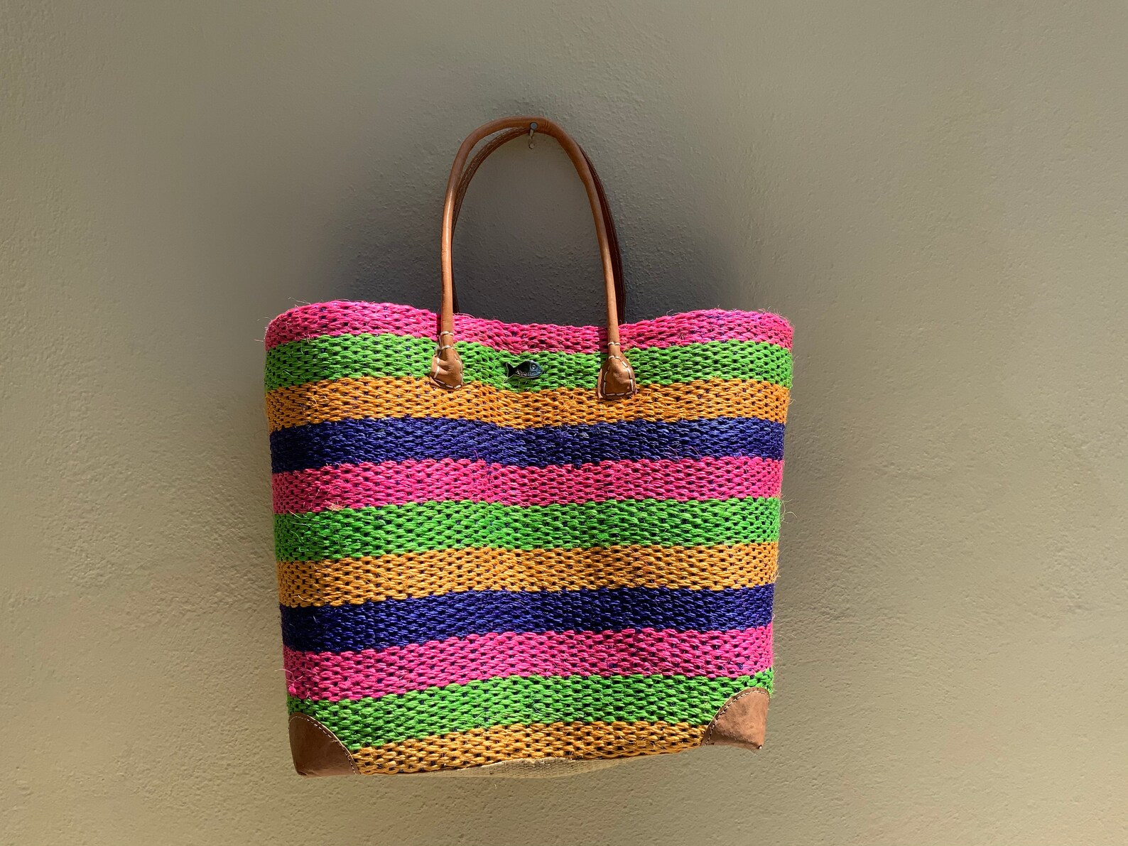 Straw beach bag with stripes and long leather handles beach Etsy