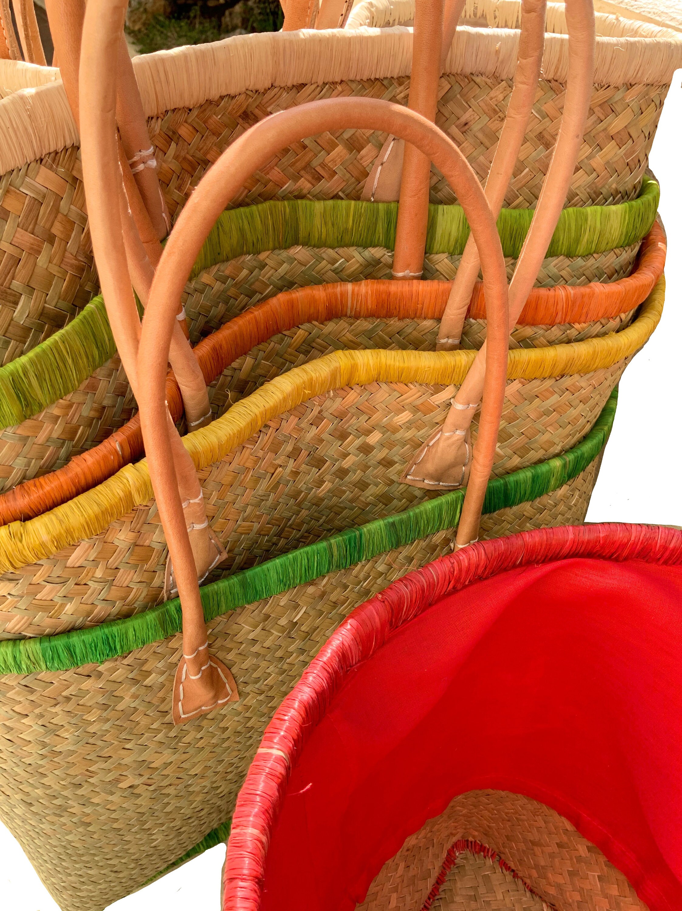 Straw beach bag with leather handles and colour trim medium Etsy