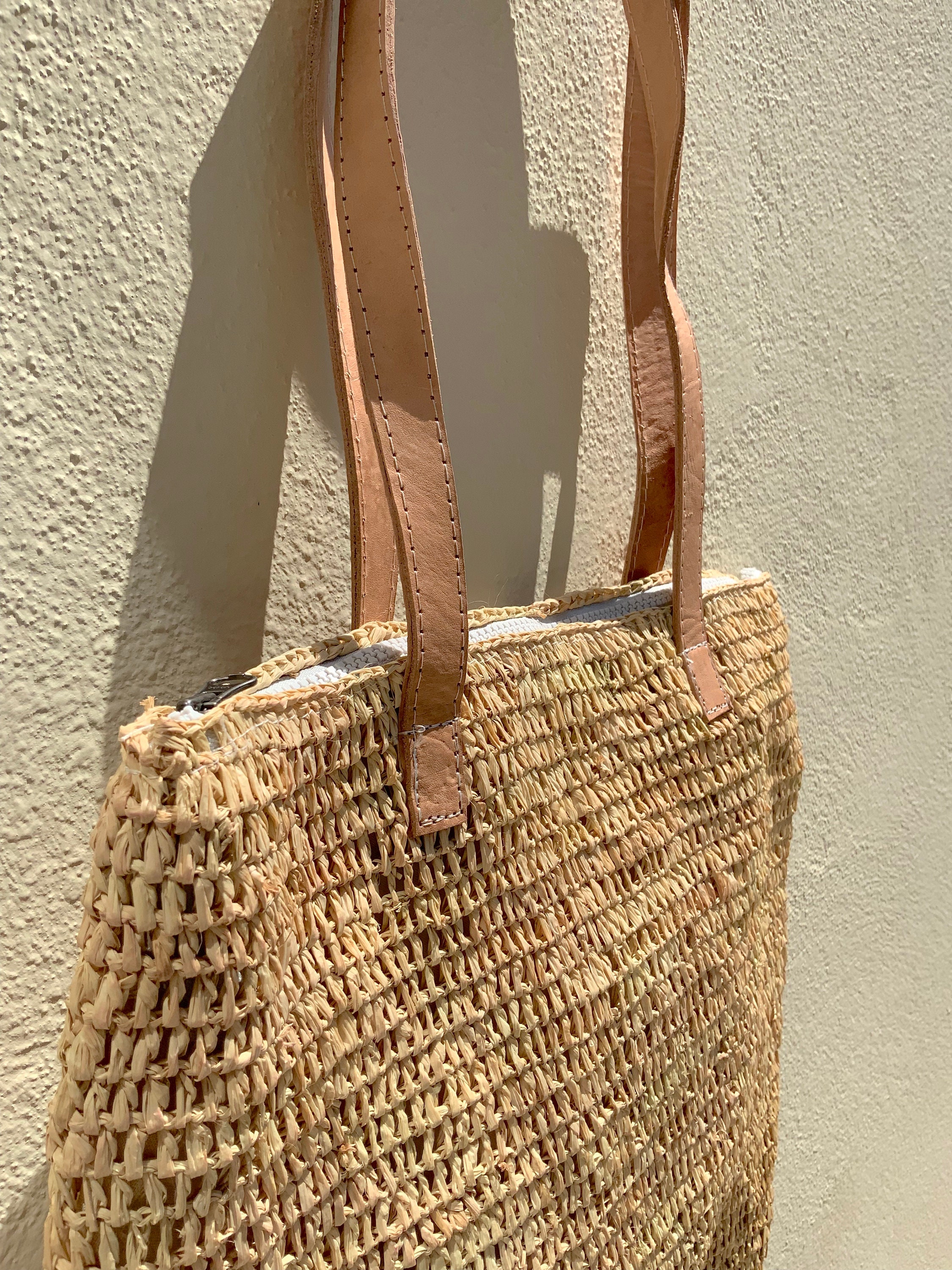 Straw bag with zip and leather straps french market bag | Etsy