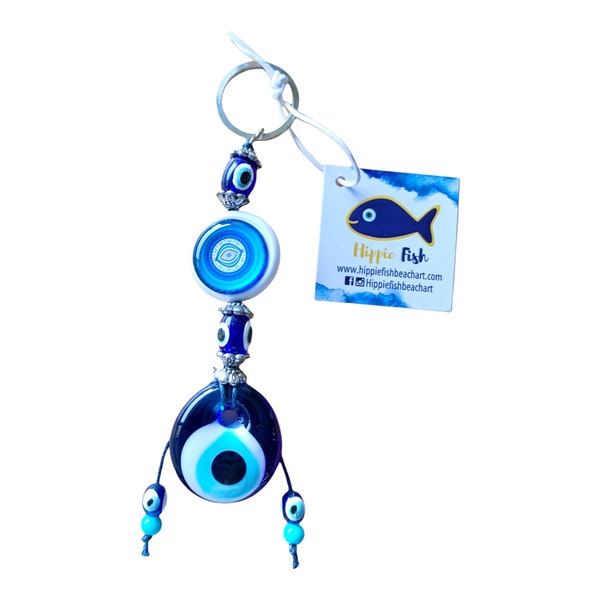 Greek Keyring with Blue Evil Eye Charm, Evil Eye Keychain, Key Fob,  Good Luck Charm