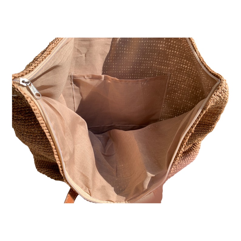 Dark Beige Crochet Straw Bag With Zip and Leather Straps Etsy