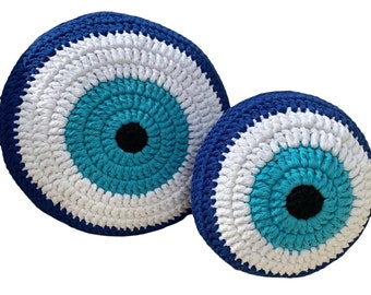 Round cushion, round evil eye pillow, greek home decor, eco cotton cushion, handmade cushion, eye cushion, Greek evil eye crochet cushion