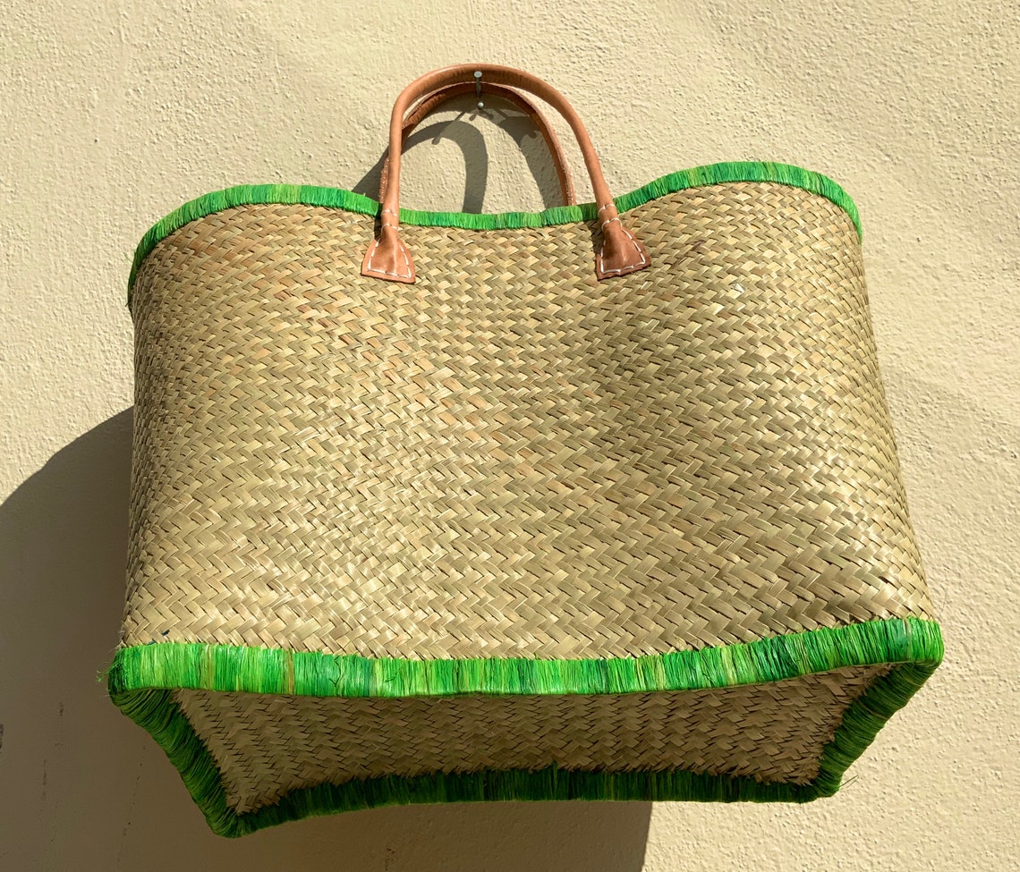 Straw beach bag with leather handles and colour trim medium Etsy