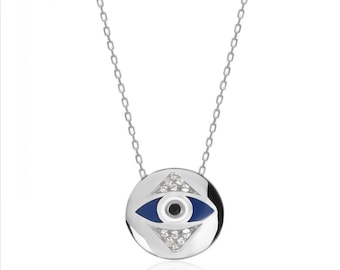 Silver and Blue Evil Eye Pendant Necklace, Eye Charm Necklace, Evil Eye Pendant