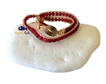 Leather wrap bracelet, double wrap bracelet, semiprecious beads, red bead bracelet