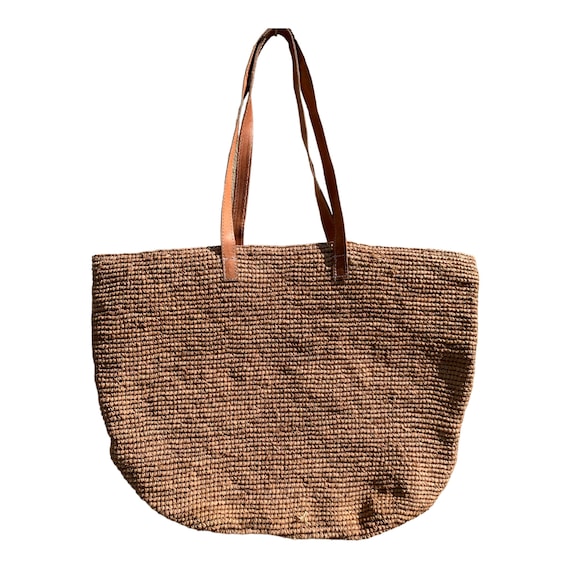 Dark Beige Crochet Straw Bag With Zip and Leather Straps French