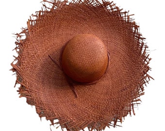 Brown wide brim straw hat, brown straw hat with large brim, raffia sun hat, wide brim straw hat with fringe, honeymoon hat, boho beach hats