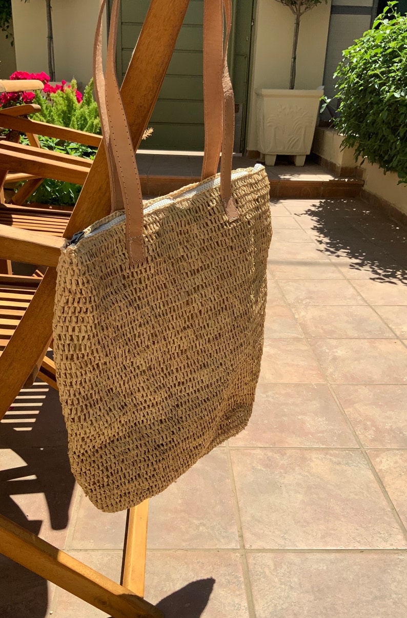 Straw bag with zip and leather straps french market bag Etsy