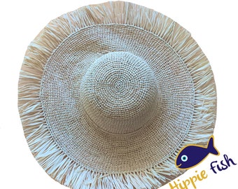 Chapeau de soleil à franges au crochet, chapeaux bio pour femmes, chapeau de soleil en raphia, chapeau à large bord, chapeau de paille au crochet à bord large, chapeau, chapeau de soleil en raphia fait main