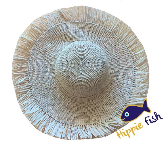 Crochet Fringe Sun Hat, Ladies Organic Hats, Raffia Sun Hat, Large Brim Hat,  Wide Brim Crochet Straw Hat, Chapeau, Handmade Raffia Sun Hat 