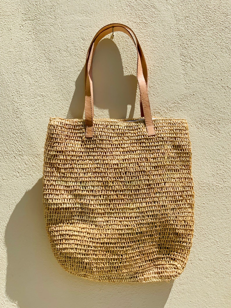 Straw bag with zip and leather straps french market bag Etsy