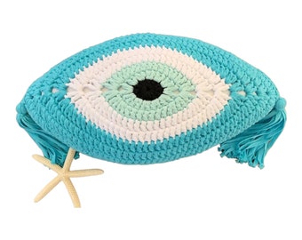 Evil Eye Pillow Made from Organic Cotton, Decorative Pillow, Greek Evil Eye Pillow,  Greek Eye Cushion, Baptism Gift, Crochet Pillow