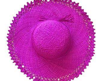 Pink straw hat with woven edge, raffia hat, sun hat, beach hat, medium brim straw hat, holiday hat, fuschia pink hat