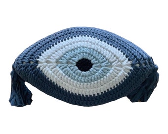 Large eye cushion, Evil Eye Pillow. Crochet Pillow, Crochet Cushion, Blue Throw Pillow, Housewarming Gift
