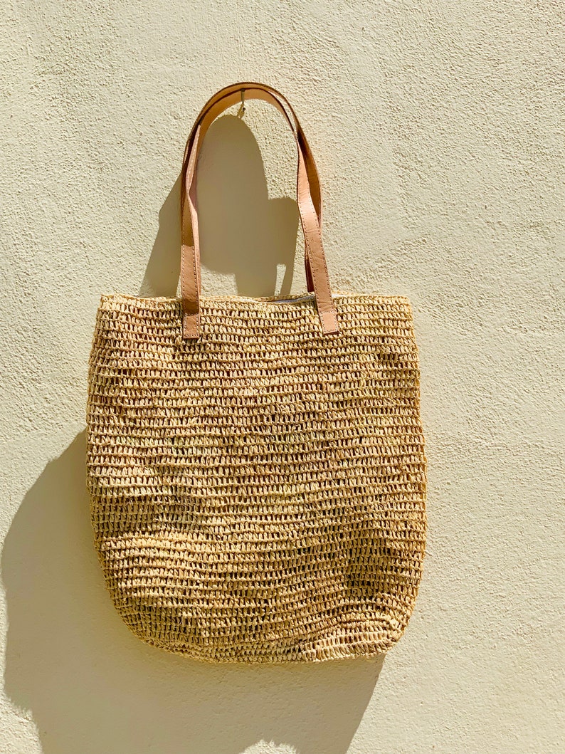 Straw bag with zip and leather straps french market bag | Etsy