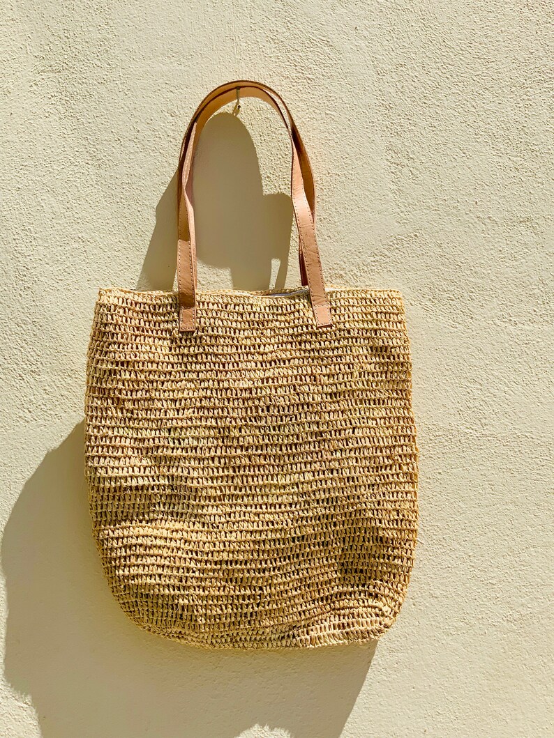 Straw bag with zip and leather straps french market bag Etsy