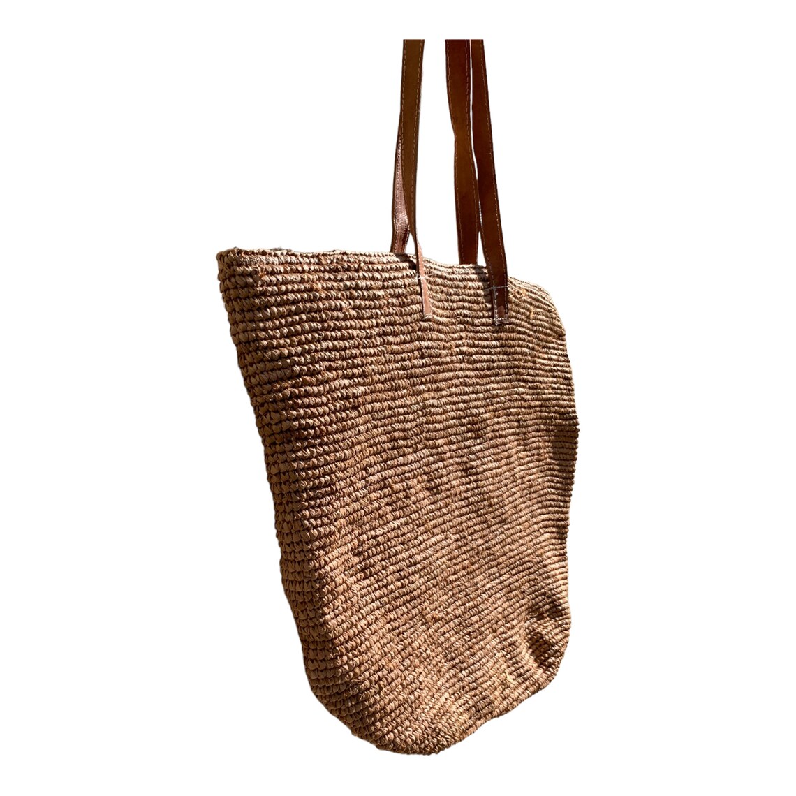 Dark Beige Crochet Straw Bag With Zip and Leather Straps Etsy