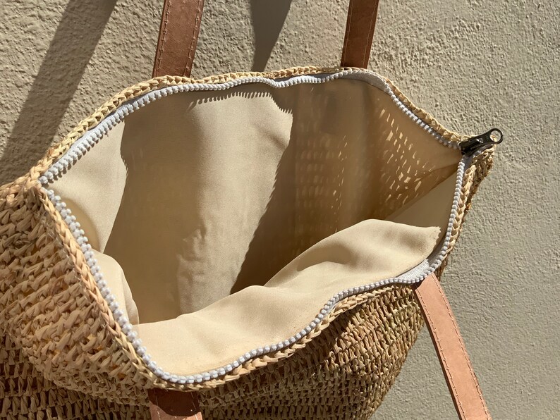 Straw bag with zip and leather straps french market bag Etsy