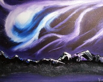 Original oil painting Northern Lights / aurora borealis over mountains