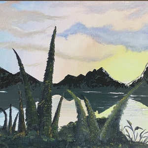 Original oil painting mountain sunset over water / landscape