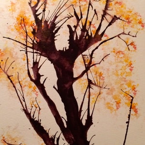 Original watercolor painting of tree with orange foliage