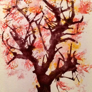 Original watercolor painting of tree with red / orange foliage