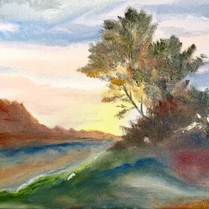 Original oil painting of tree at sunset