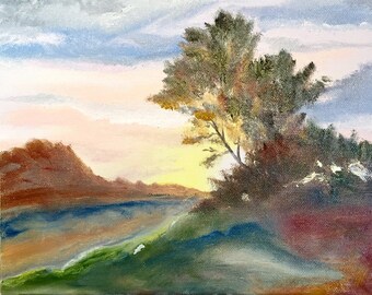Original oil painting of tree at sunset
