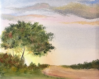 Original oil painting of country road at sunset