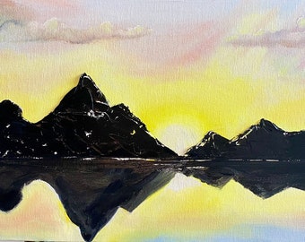 Original oil painting of mountain sunset over water