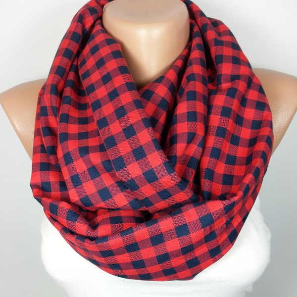 Red Plaid Infinity Scarf Unique Gift For Women Winter Accessories Cotton Flannel Scarf Christmas Gift For Her For Him For Mom Women Scarf