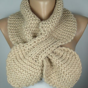 Hand Knitted Bow Scarf Crochet beige Scarf Ascot Neck Warmer Cozy Women Scarf Accessory For Women Coworker Gift Christmas Gift For Women