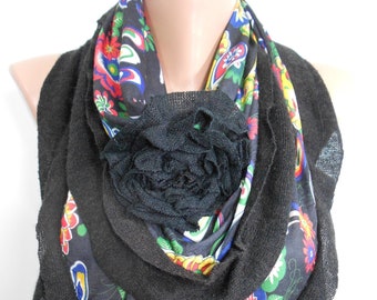 Floral Scarf Shawl Boho Accessories For Women Black Winter Scarf Sale Christmas Gift For Her Unique Gift For Women mothers day gift for mom