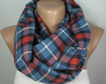 Autumn Winter Scarf Plaid Scarf Red Blue Scarf Infinity Loop Flannel Scarf Women Men Scarf Christmas Gift For Her For Him Gift For Men