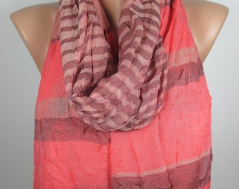 Coral Striped Scarf Fringe Scarf Crinckle Scarf Unique Gift For Women Winter Accessory Christmas Gift For Her For Mom For Wife Women Scarf