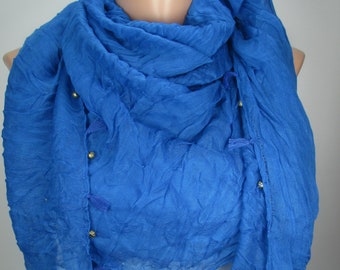 Cobalt Blue Tassel Scarf Shawl with Golden Beads Unique Gift Thanksgiving Gift Cowl Winter Scarf Gift For Her Gift For Women Gift For Mom