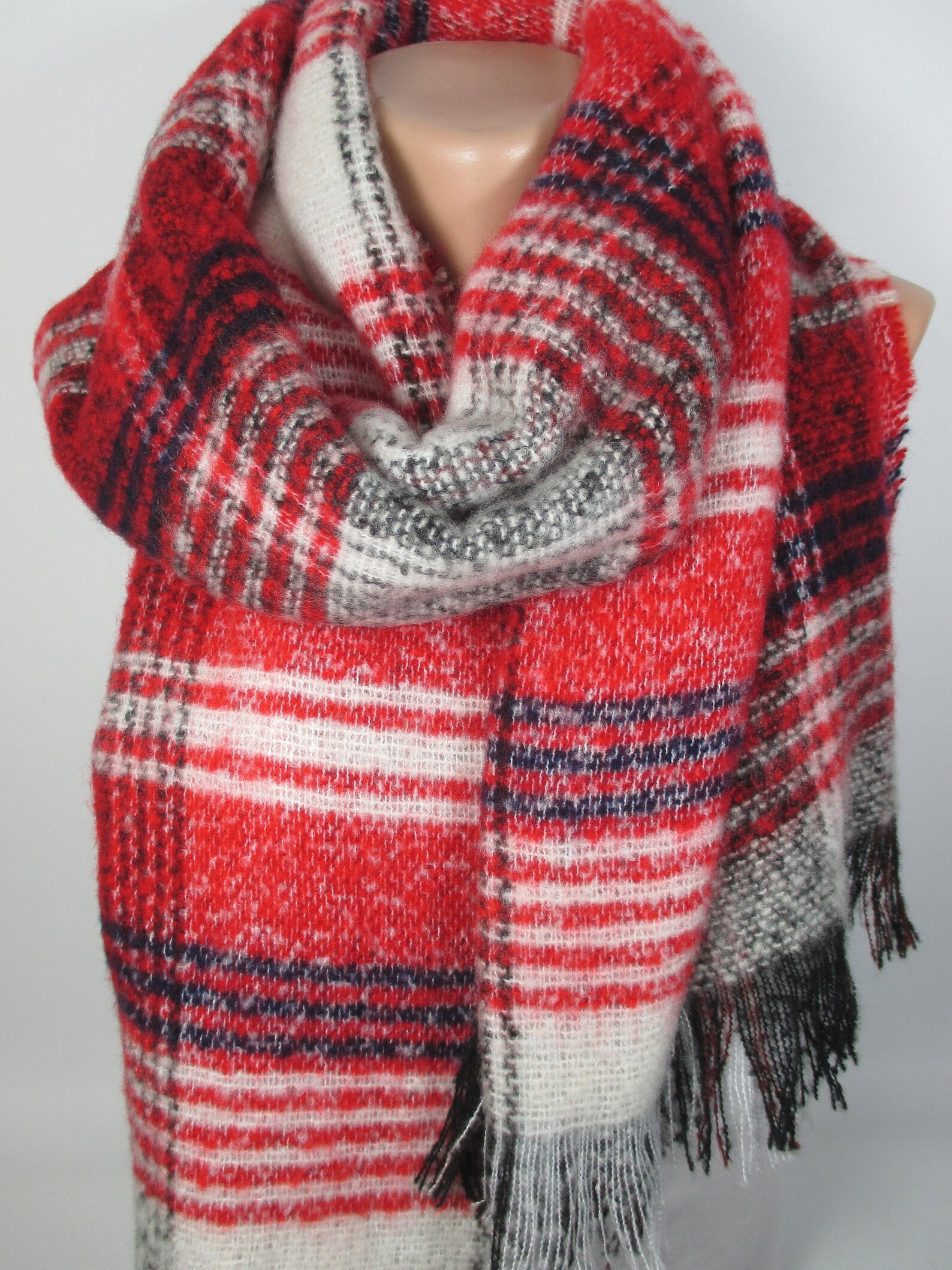 Red Plaid Blanket Scarf Unique Gift for Women Winter Accessories Cozy Winter Scarf Christmas